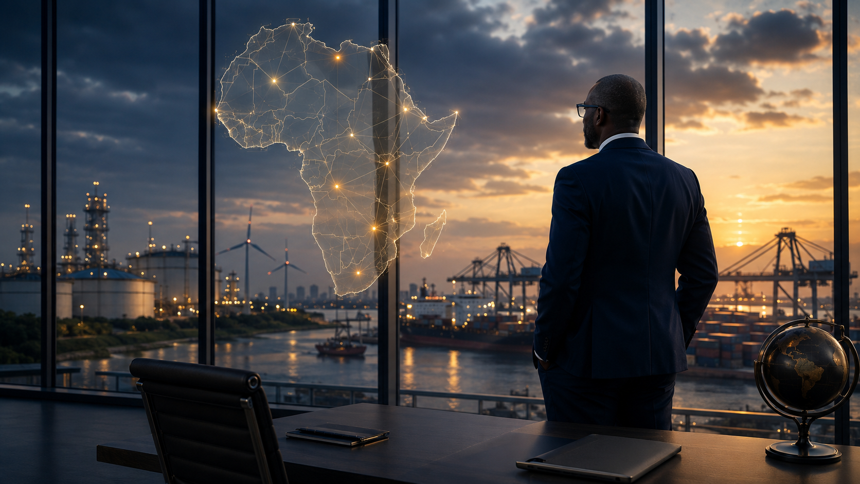 Dirigeant africain en costume devant une vue panoramique sur les infrastructures — Horizon Quantique